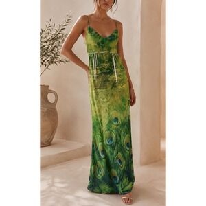 Y2K Vintage Sz XL Styleworks Peacock Print Green Long Maxi Dress Animal Bold 90s